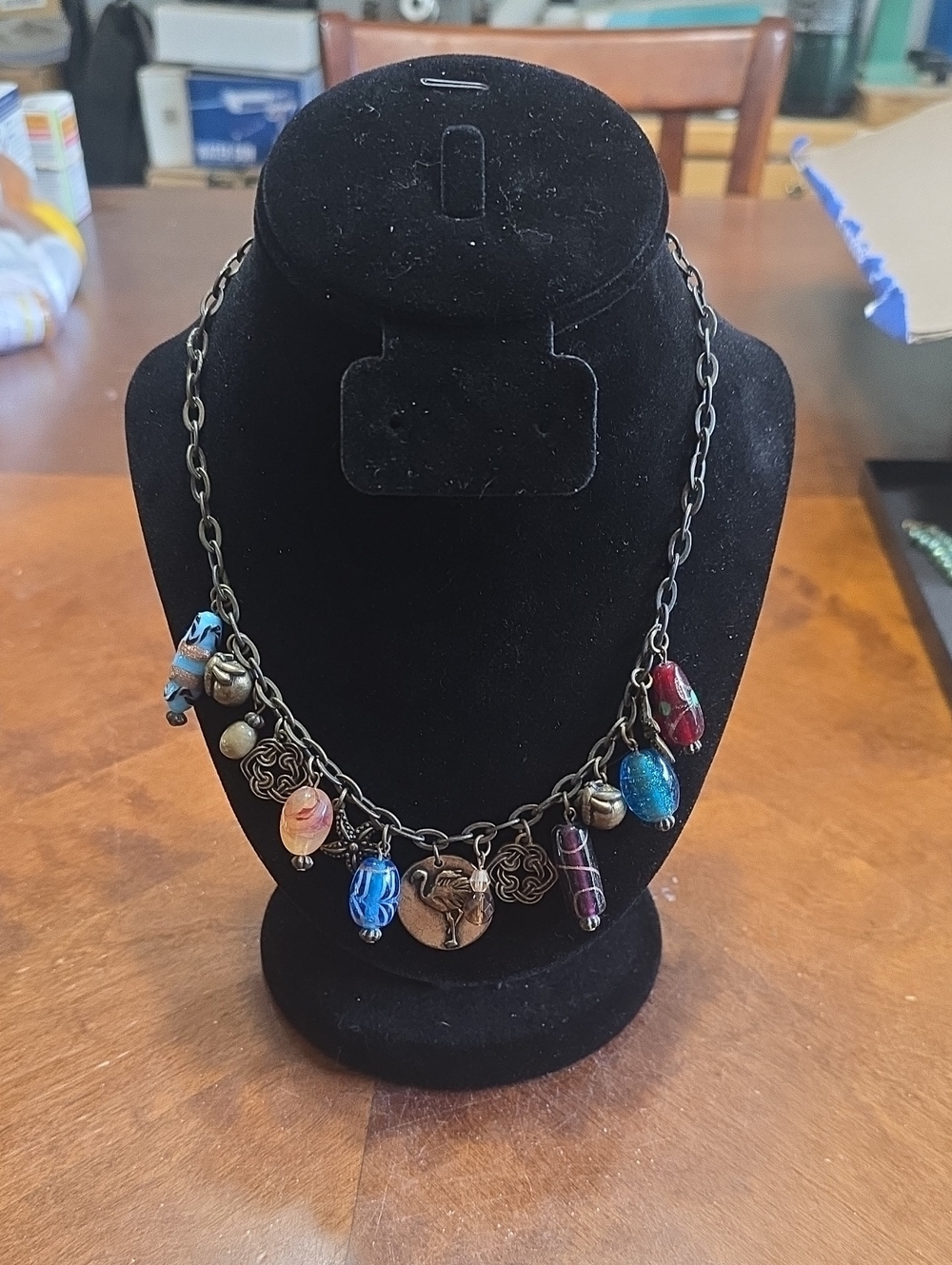 Beaded Charm Necklace with Multicolor Glass Beads and Antique Brass Chain